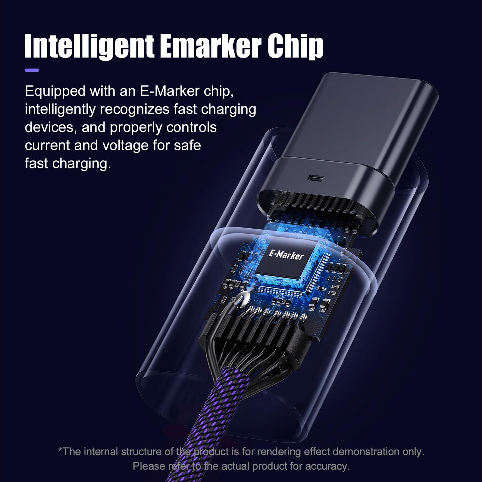 Nahaufnahme eines USB-C-Kabelanschlusses mit dem E-Marker-Chip und seiner internen Struktur.
