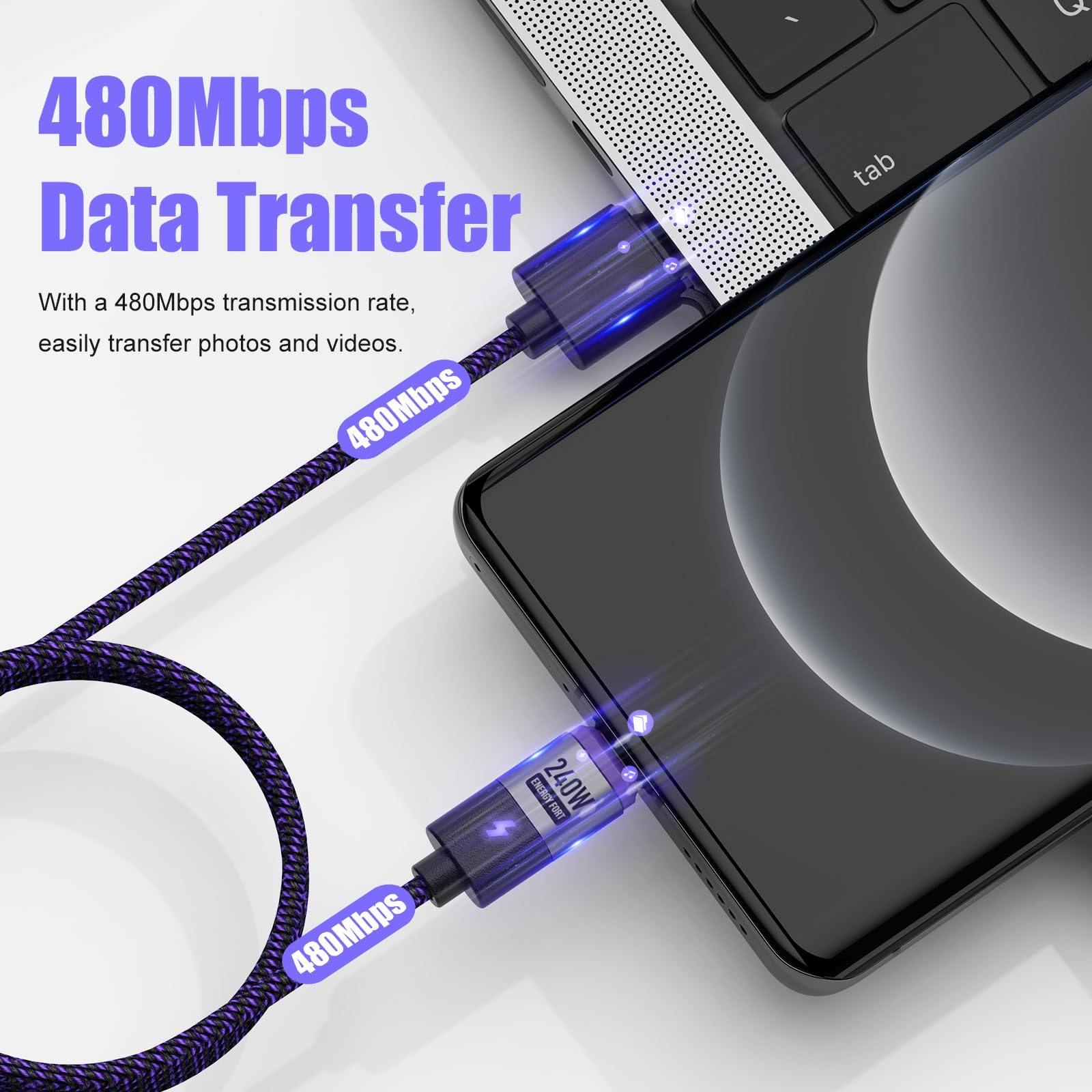 Telefon und Kabel, die mit einem Laptop verbunden sind. Zeigt Datenübertragung und 480Mbit/s Geschwindigkeit.