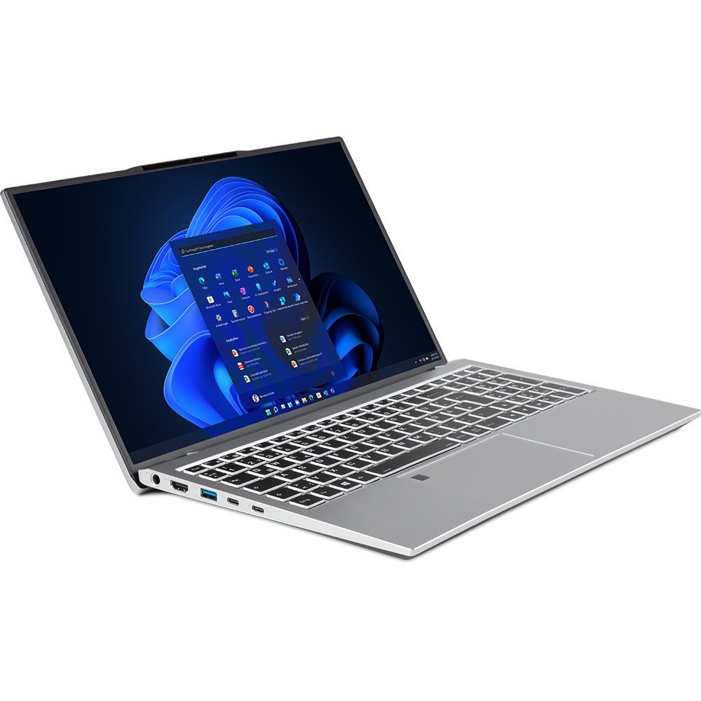 Ordinateur portable argenté avec un écran noir affichant une interface Windows. Le clavier et le pavé tactile sont également visibles.