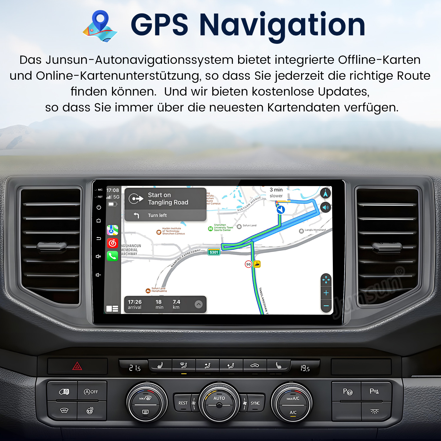 Auto-Dashboard-Bildschirm, der eine Navigationskarte mit einer Benutzeroberfläche anzeigt. Grauer und schwarzer Innenraum, weißer Hintergrund.