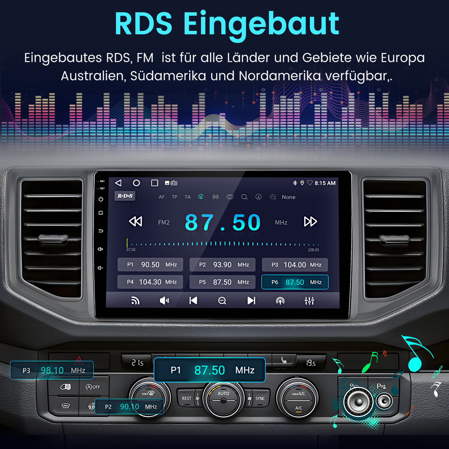 Eine Autoradio-Schnittstelle, die einen Radiosender anzeigt, mit Tasten und Textbeschriftungen. Der Hintergrund zeigt einen Autoinnenraum.