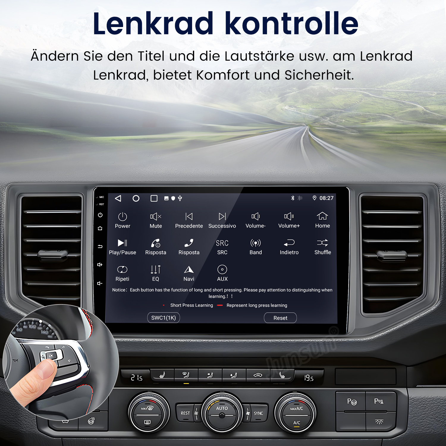 Autoradio-Bildschirm mit Bedienelementen. Eine Hand drückt eine Taste am Lenkrad.