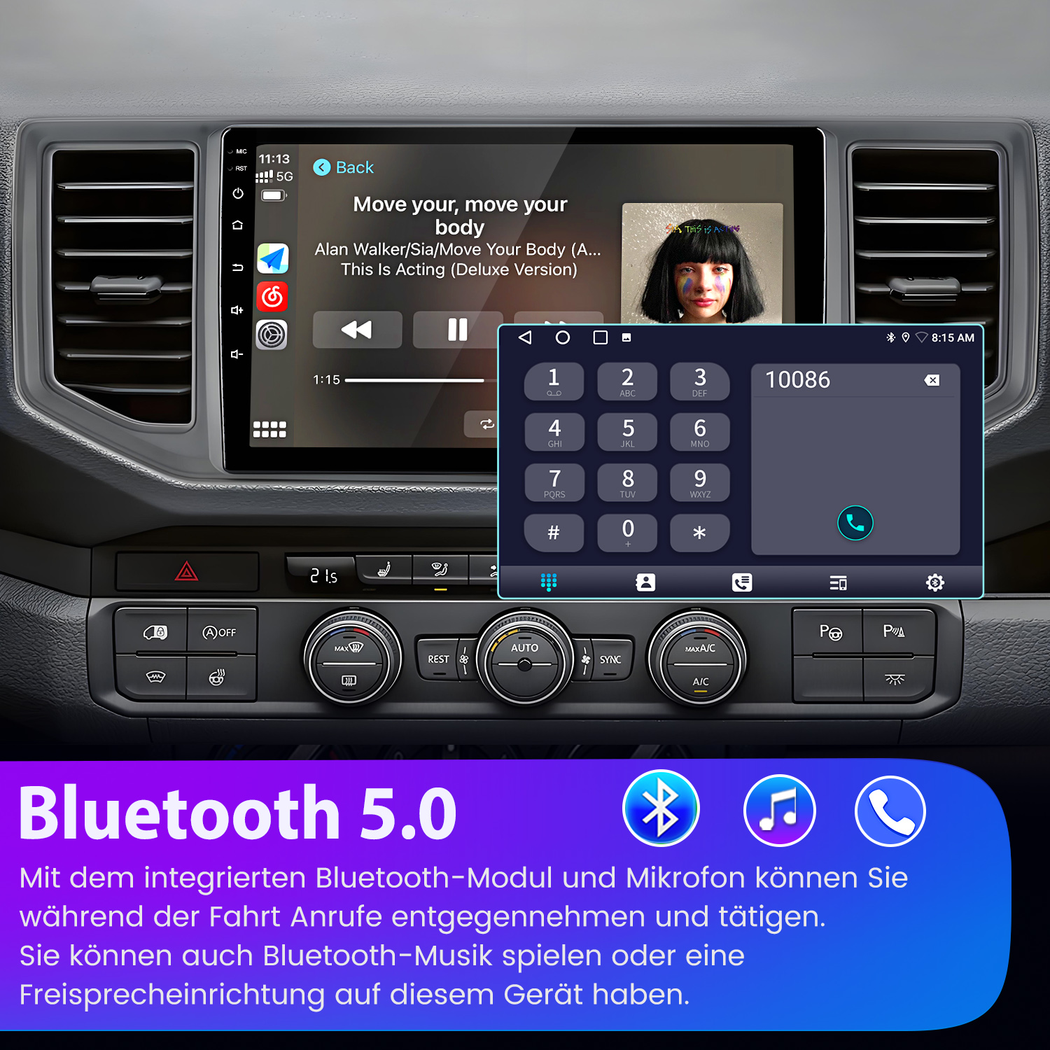 Auto-Armaturenbrett mit Infotainment-Bildschirm, Telefonwählgerät und Bluetooth-Info.