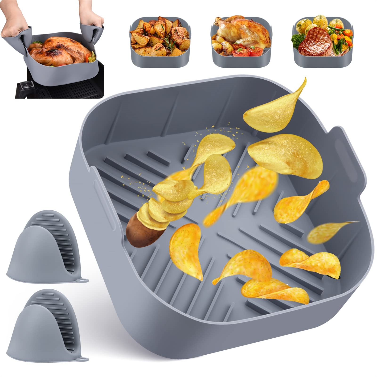 Graues Silikon-Zubehör für Heißluftfritteusen: Korb, Handschuhe und Kartoffelchips.