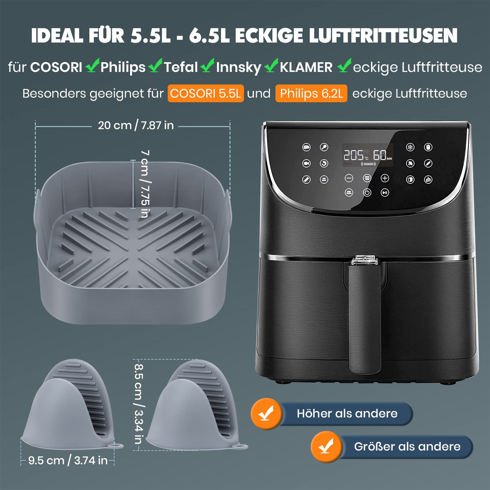 Heißluftfritteuse und Zubehör. Enthält einen grauen Korb und Fäustlinge. Text auf Deutsch.