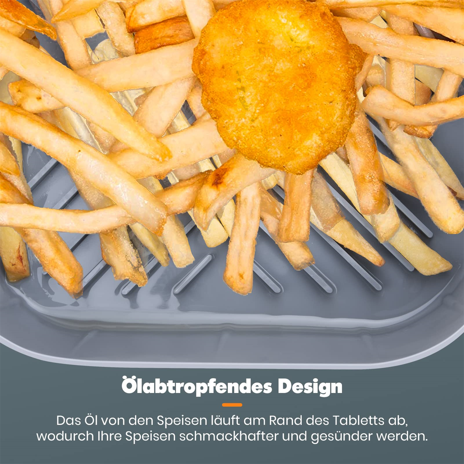 Goldbraune Pommes und ein Nugget in einer grauen Schale.
