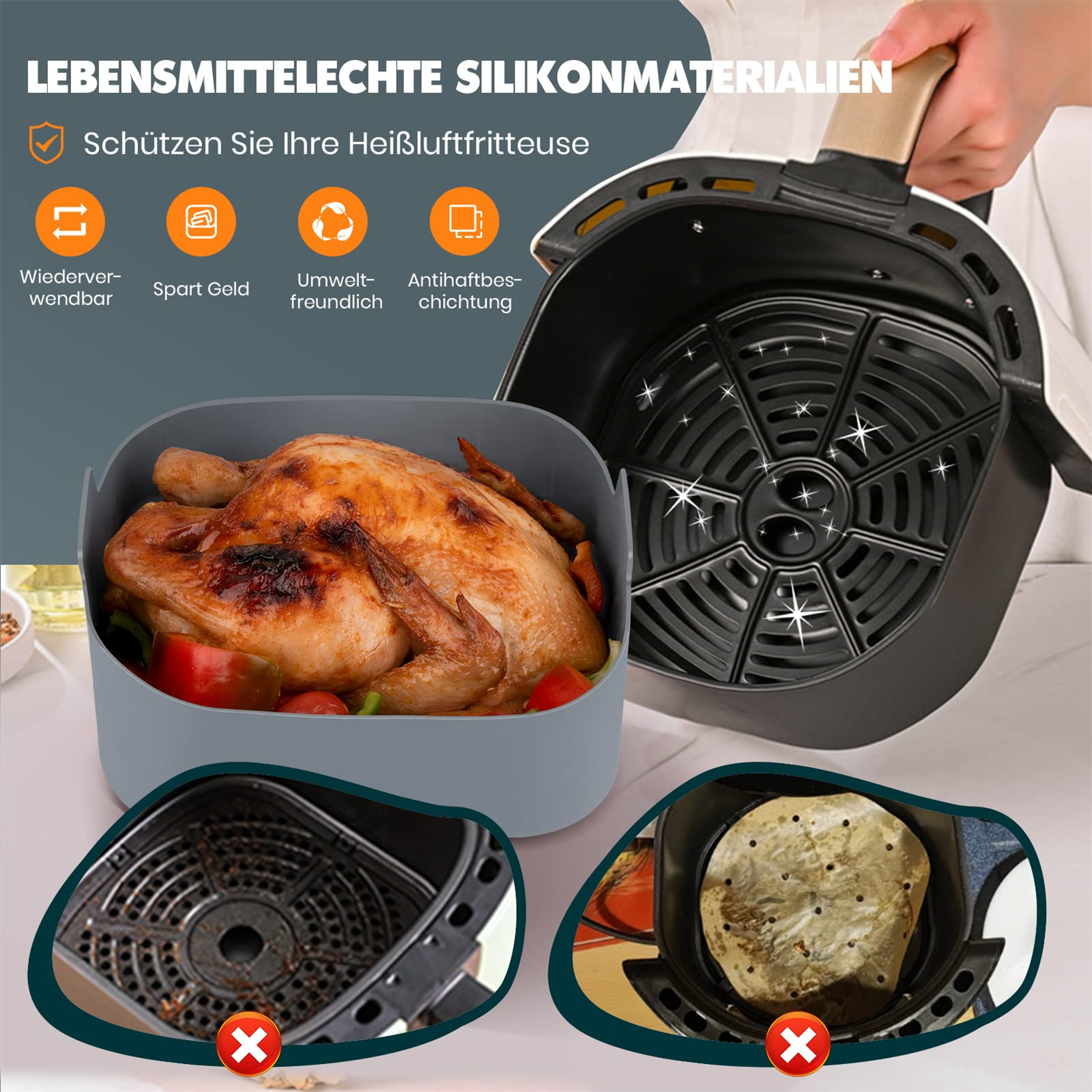 Ein grauer Silikon-Kochtopfeinsatz mit einem gekochten Huhn darin, in einem schwarzen Airfryer.