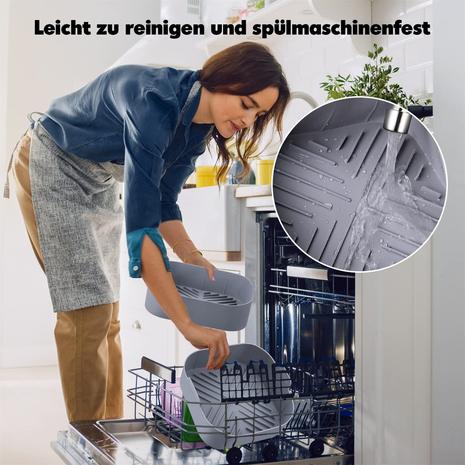 Frau belädt Geschirrspüler. Graue Schale und Wasserstrahl sichtbar.