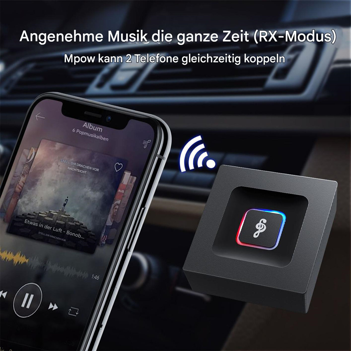 Schwarzes Gerät mit Musik-Steuerung und Gerät mit Musiksymbol.
