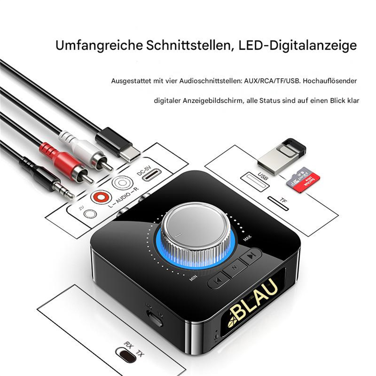 Ein schwarzes und blaues Audiogerät mit Kabeln und einem USB-Laufwerk.
