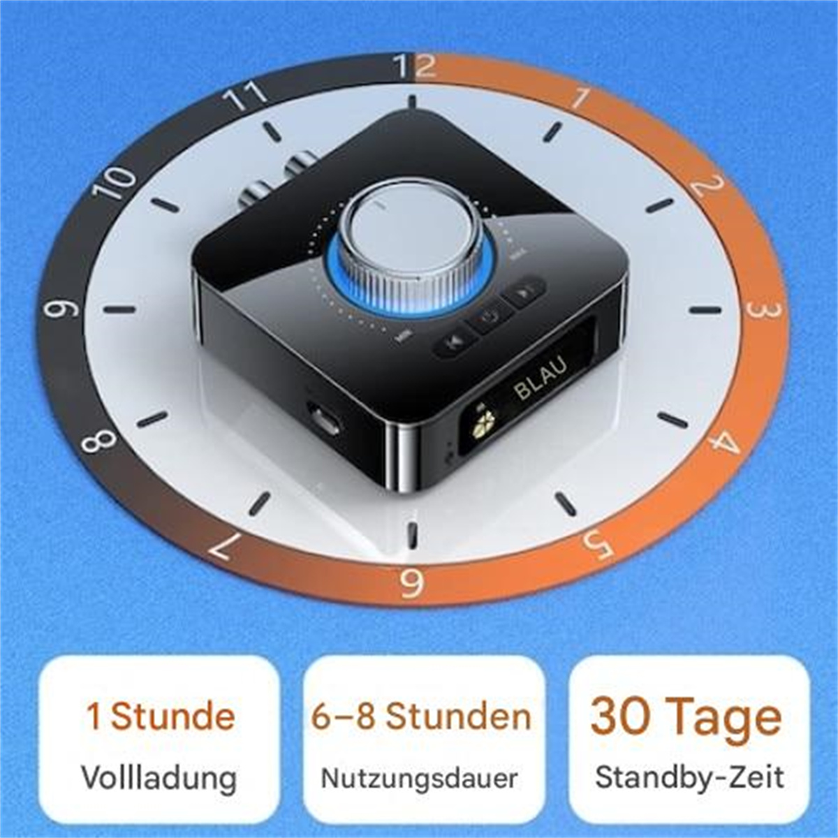 Ein schwarzes, uhrförmiges Gerät mit blauem Licht und Knöpfen.