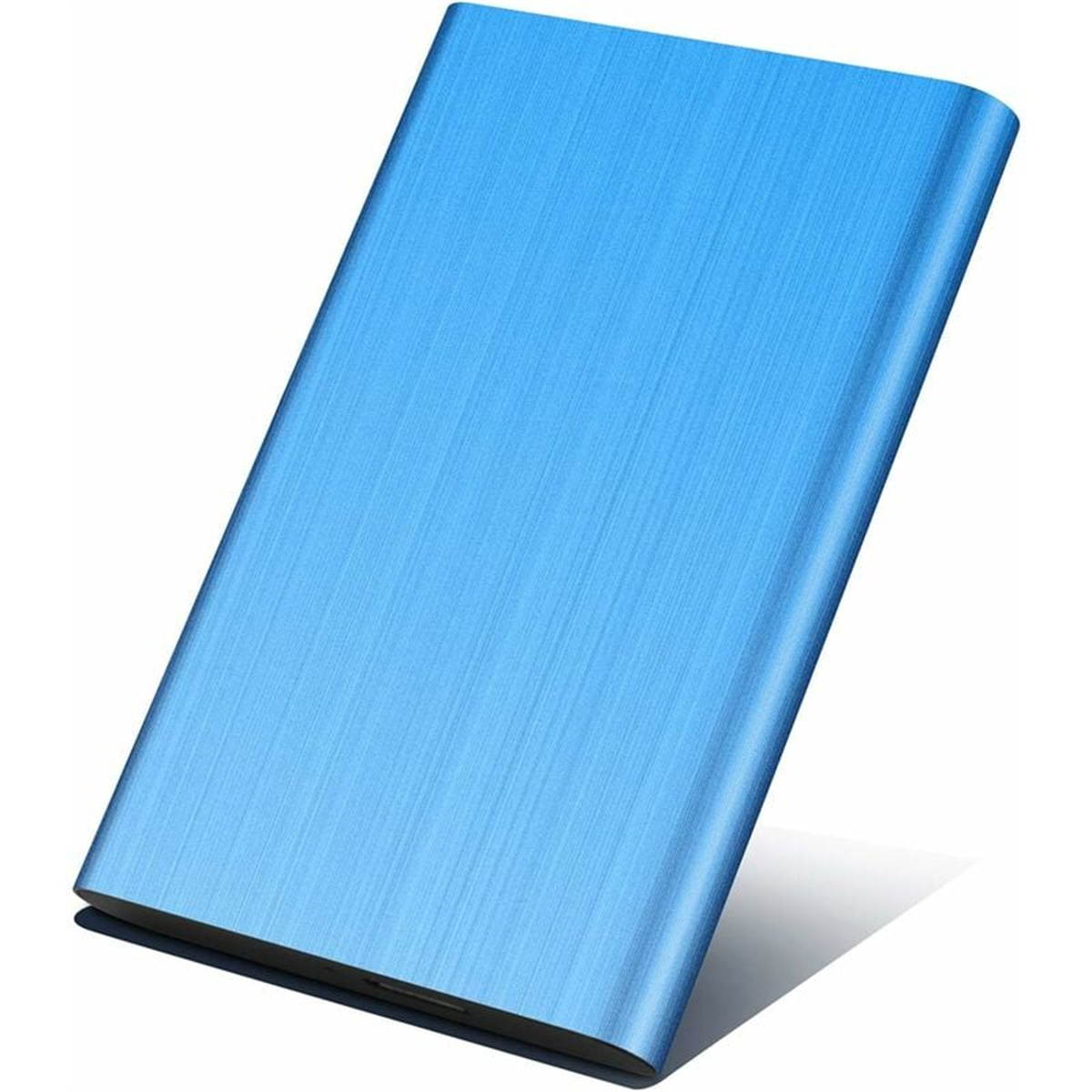 Blaue, rechteckige externe Festplatte.