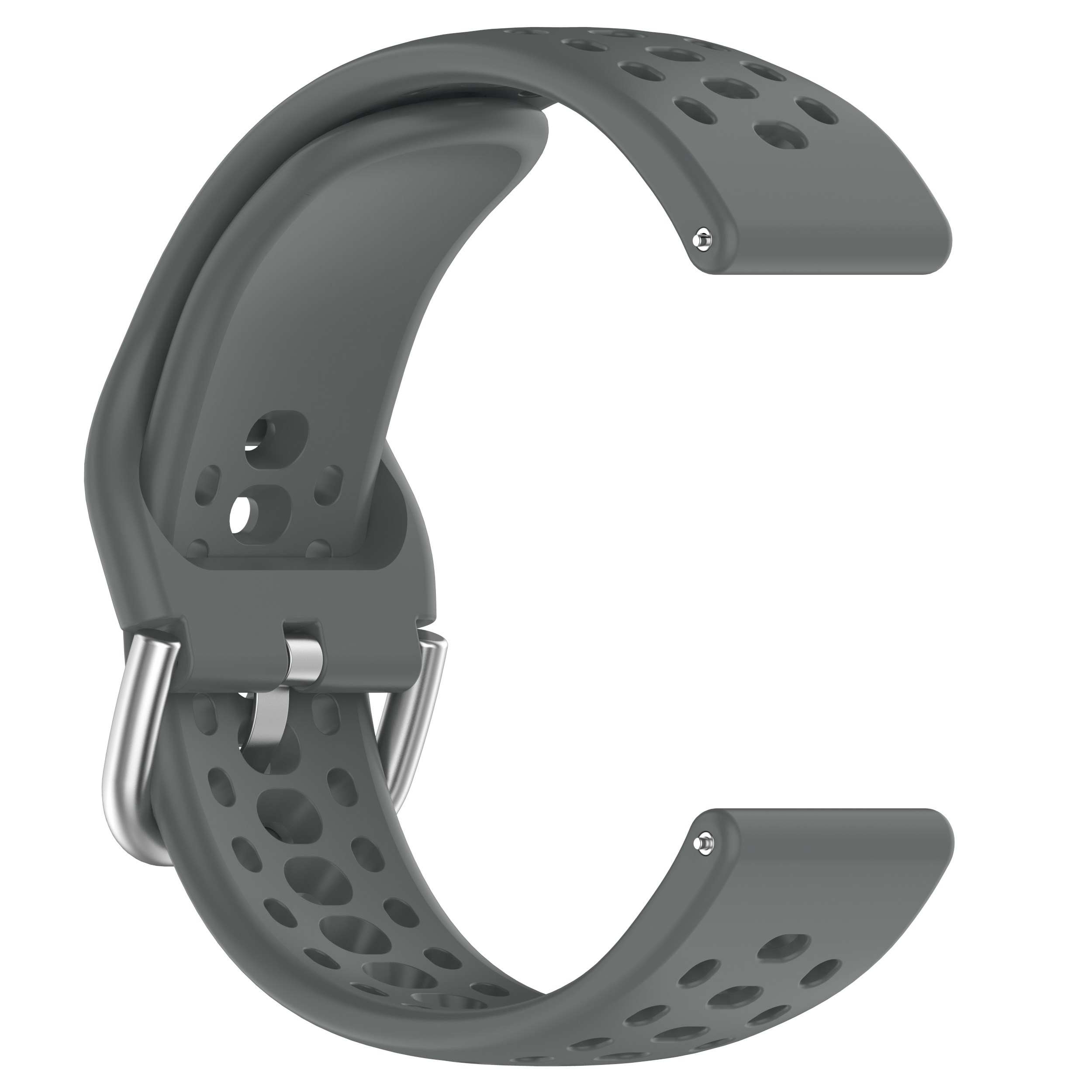Graues Uhrenarmband mit Löchern und einer silbernen Schnalle. Es ist gebogen.
