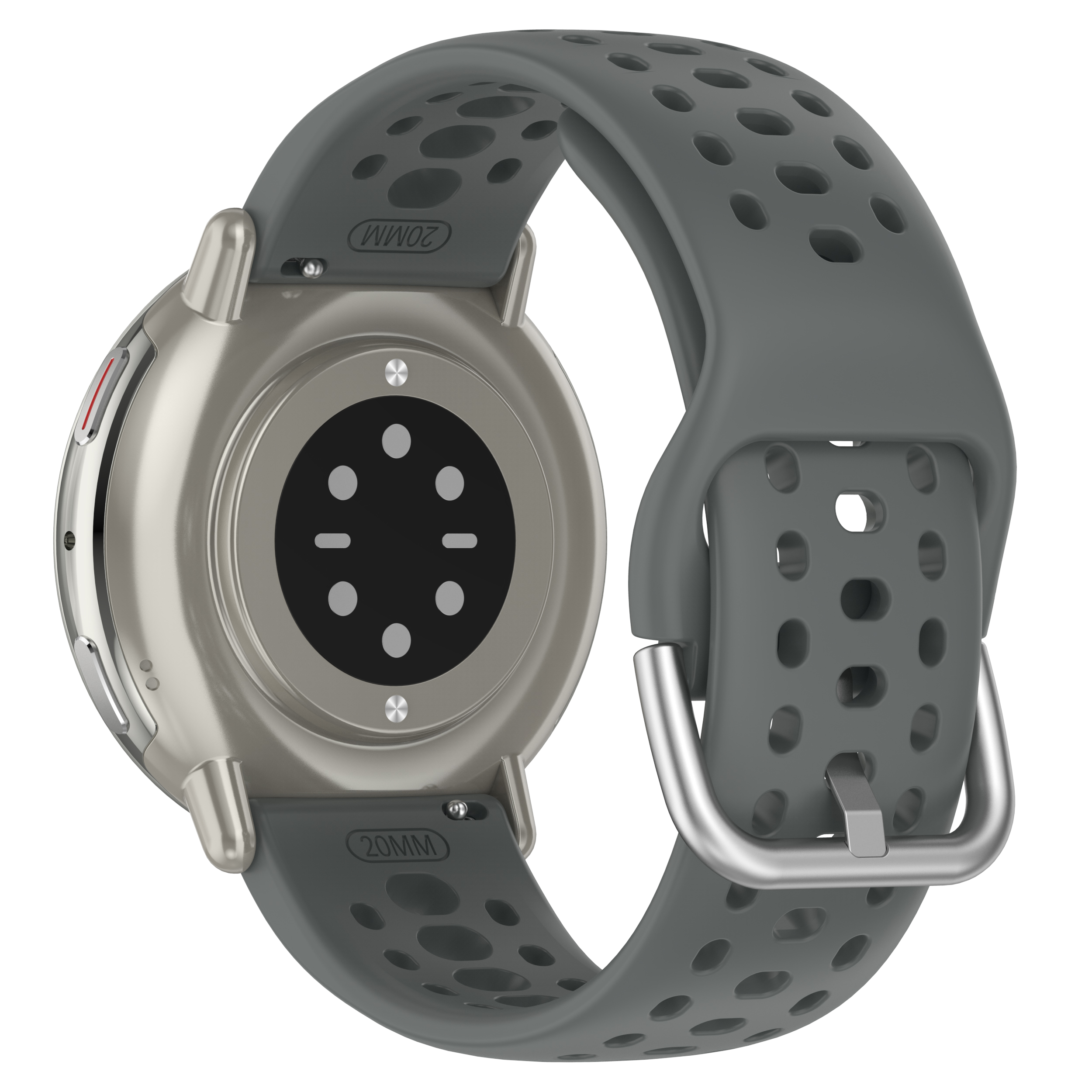 Eine graue Smartwatch mit grauem Band, zeigt die Rückseite mit Sensoren.