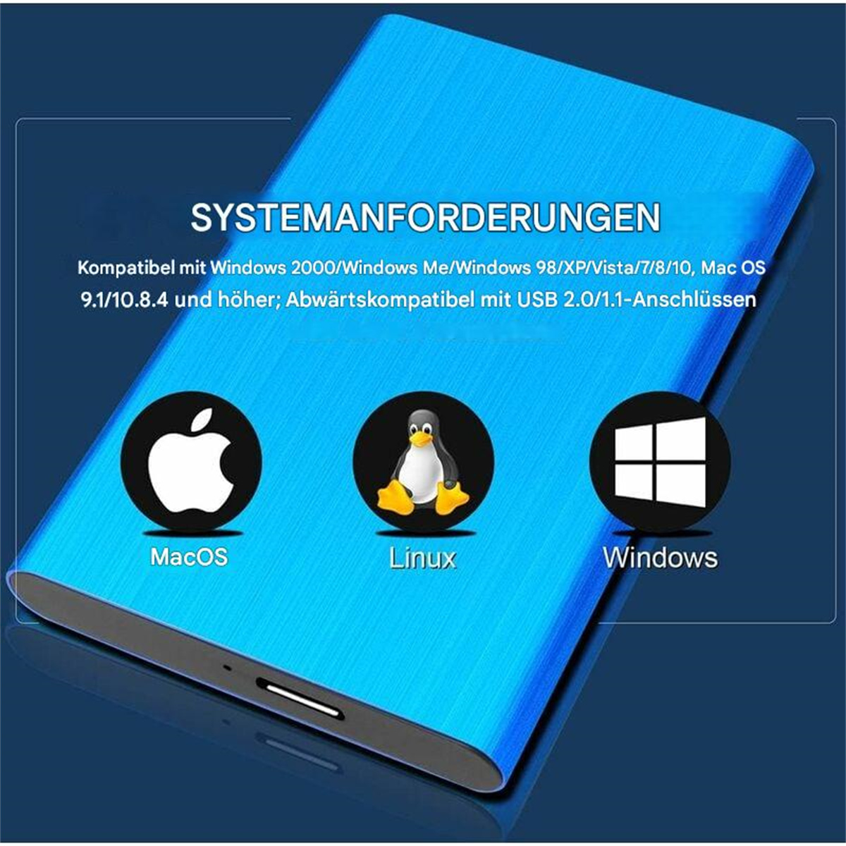 Blaue externe Festplatte mit Mac OS-, Linux- und Windows-Logos. Text: Systemanforderungen.