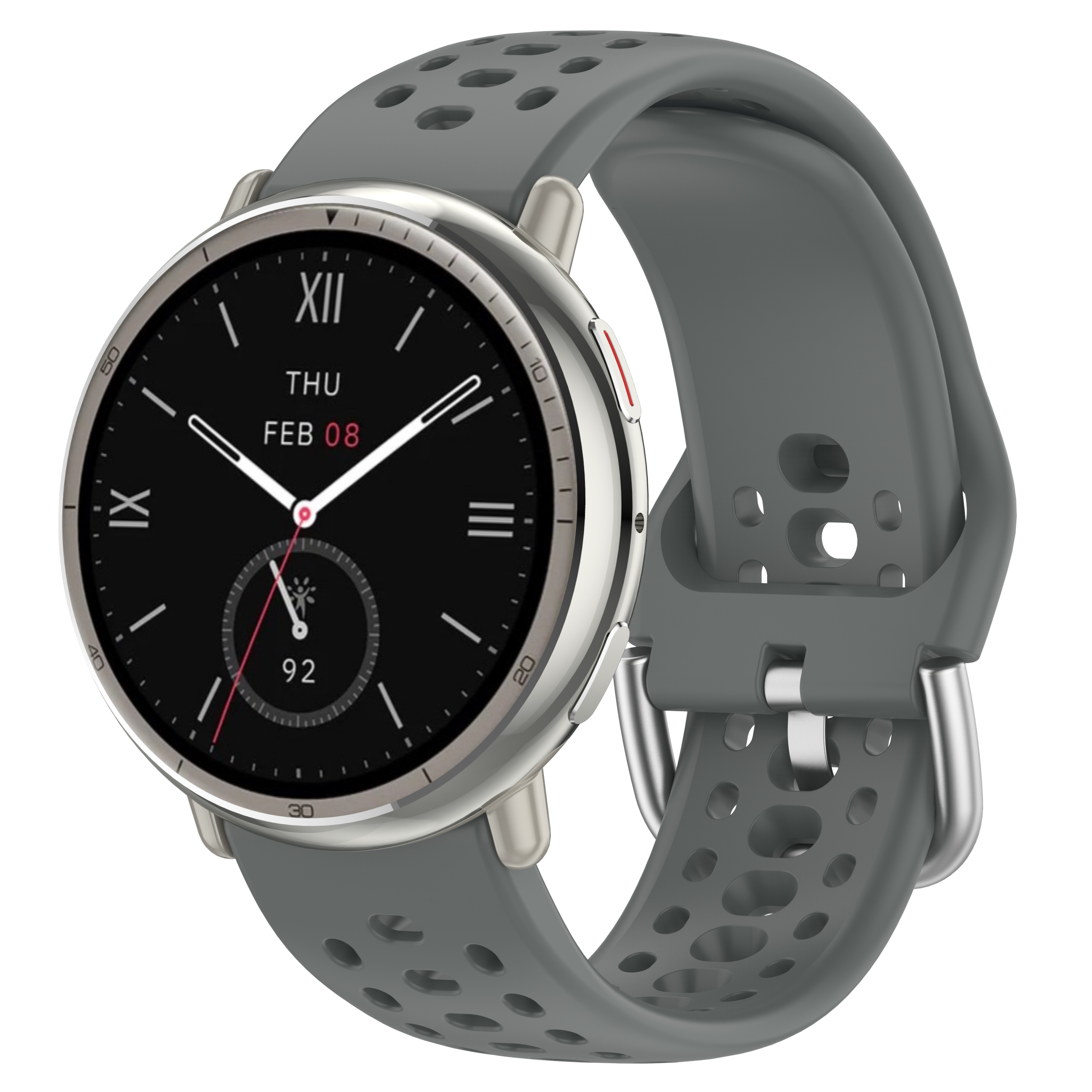 Graue Smartwatch mit schwarzem Zifferblatt, Datum und Uhrzeit, mit grauem Armband.