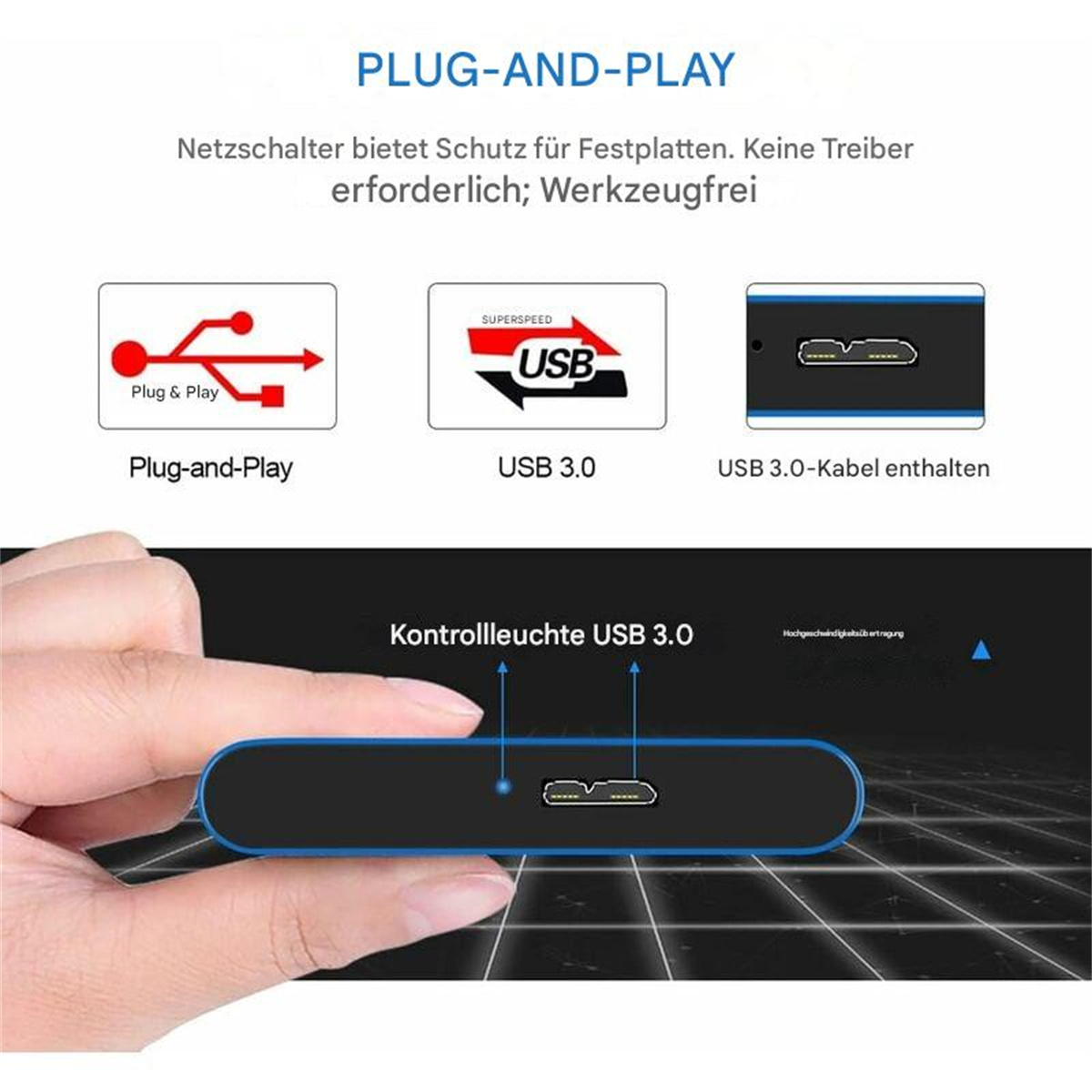 Ein schwarzer USB 3.0-Hub mit Eingängen. Der Hub ist an einen USB-Anschluss angeschlossen.