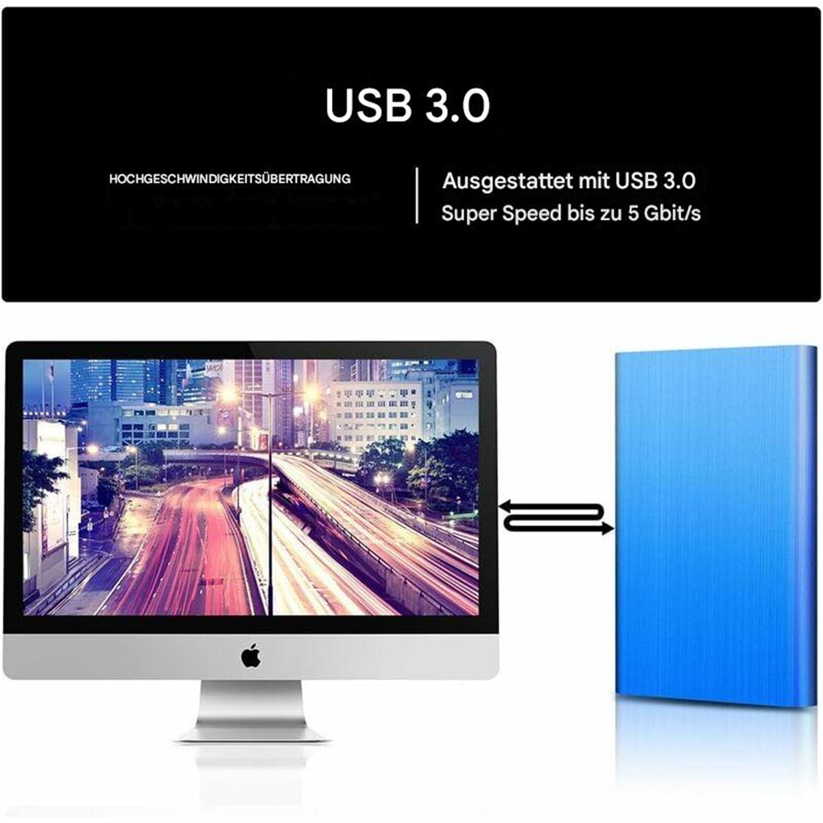 Computer-Monitor zeigt Stadt bei Nacht. Eine blaue Festplatte ist rechts, mit Text über USB 3.0.