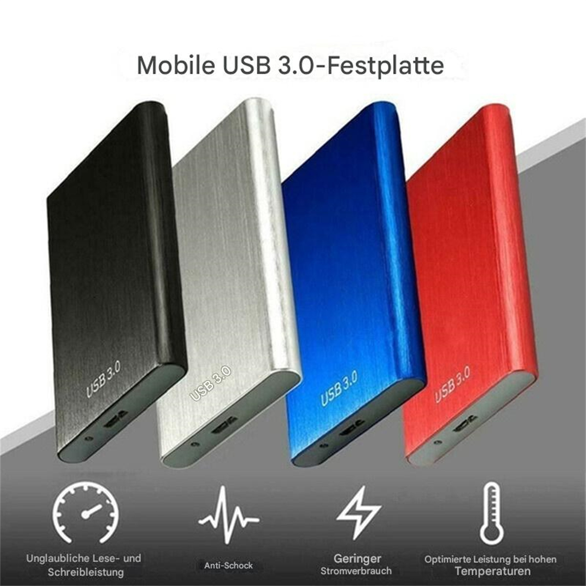 Vier farbige USB 3.0 Festplatten. Schwarz, Silber, Blau und Rot, mit Symbolen und Text.