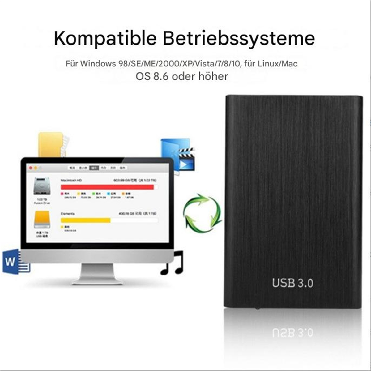 Computerbildschirm mit Datenübertragung neben schwarzer USB 3.0 Festplatte.