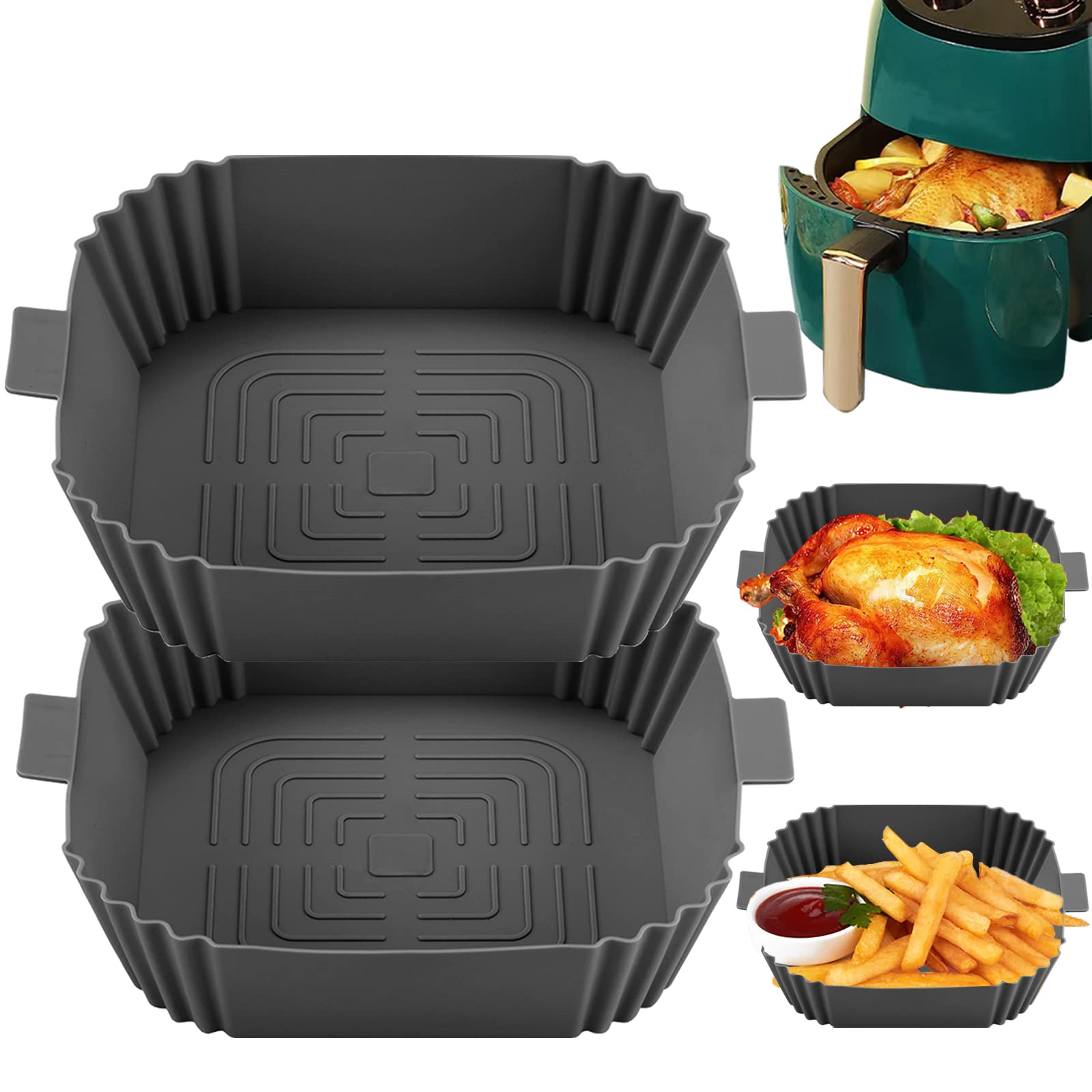 Zubehör für die Heißluftfritteuse mit zwei grauen Silikontabletts und einem Tablett mit Essen. Heißluftfritteuse oben rechts.