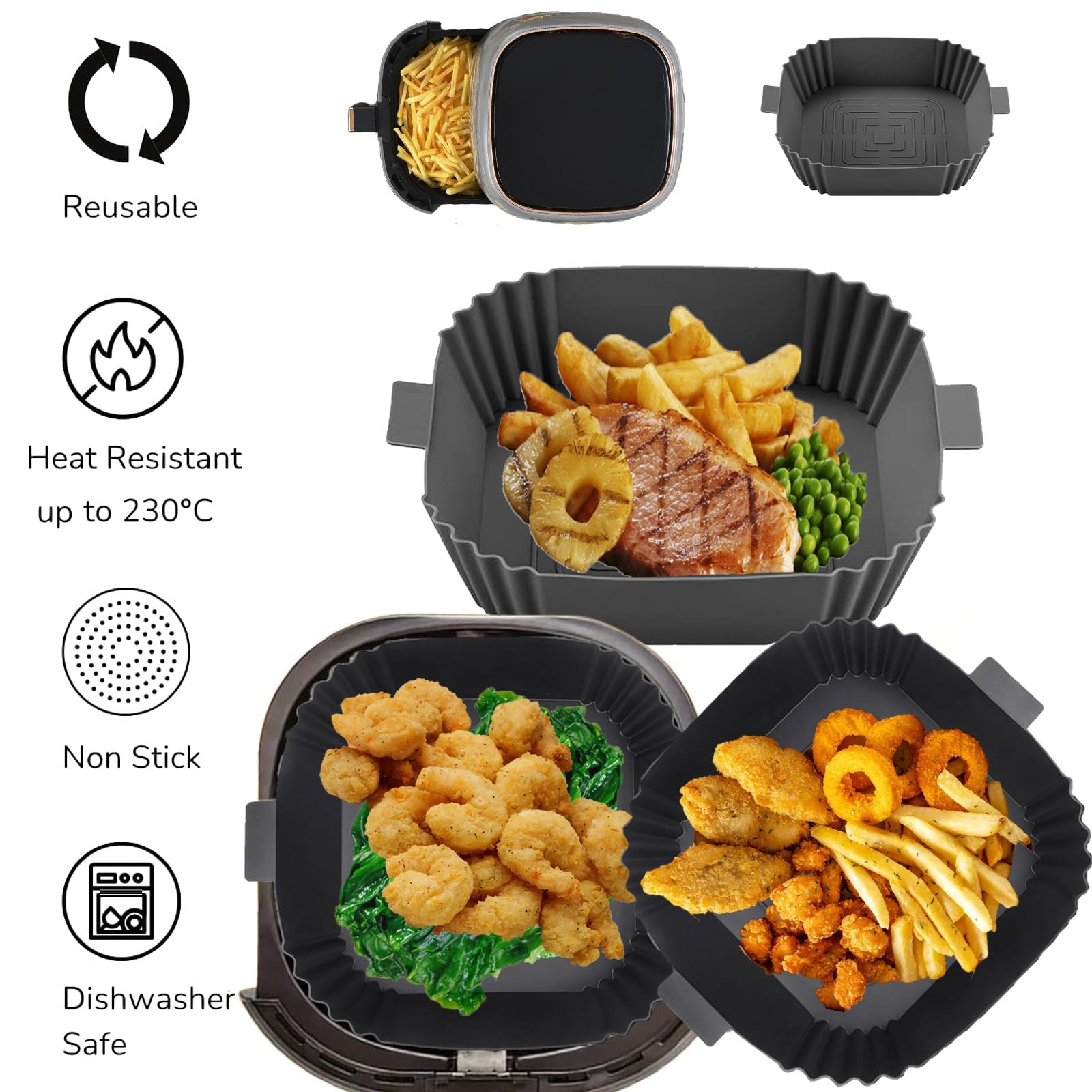 Silikon-Einsätze für die Heißluftfritteuse mit Essen und Symbolen.