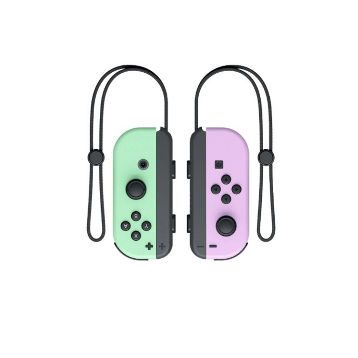 Zwei Nintendo Switch Joy-Cons, grün und lila.