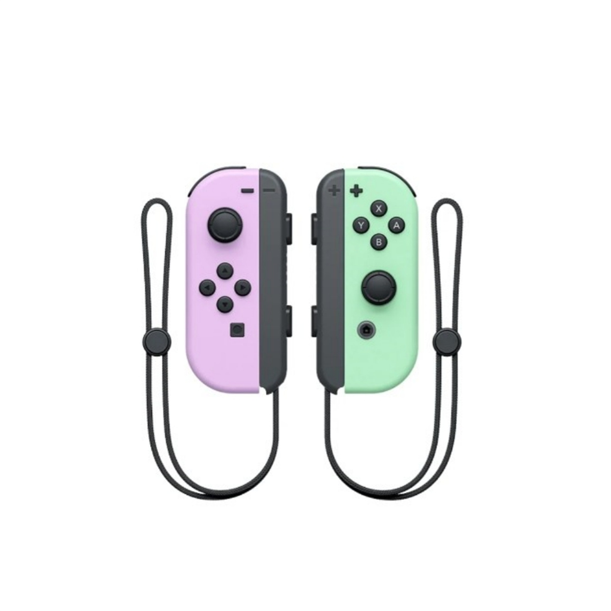 Zwei Nintendo Switch Joy-Con-Controller nebeneinander. Einer ist rosa, der andere grün, beide mit schwarzen Handschlaufen.