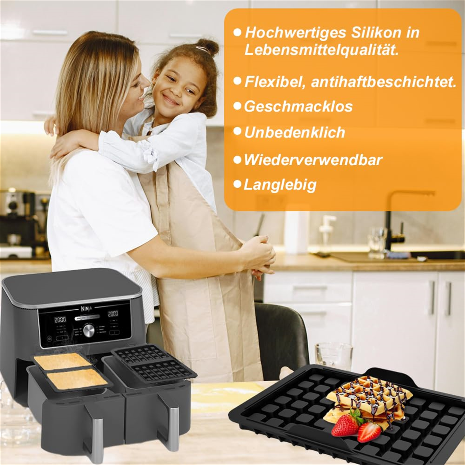 Frau und Mädchen mit Heißluftfritteuse und Waffeleisen. Oranger Text: Produktmerkmale.