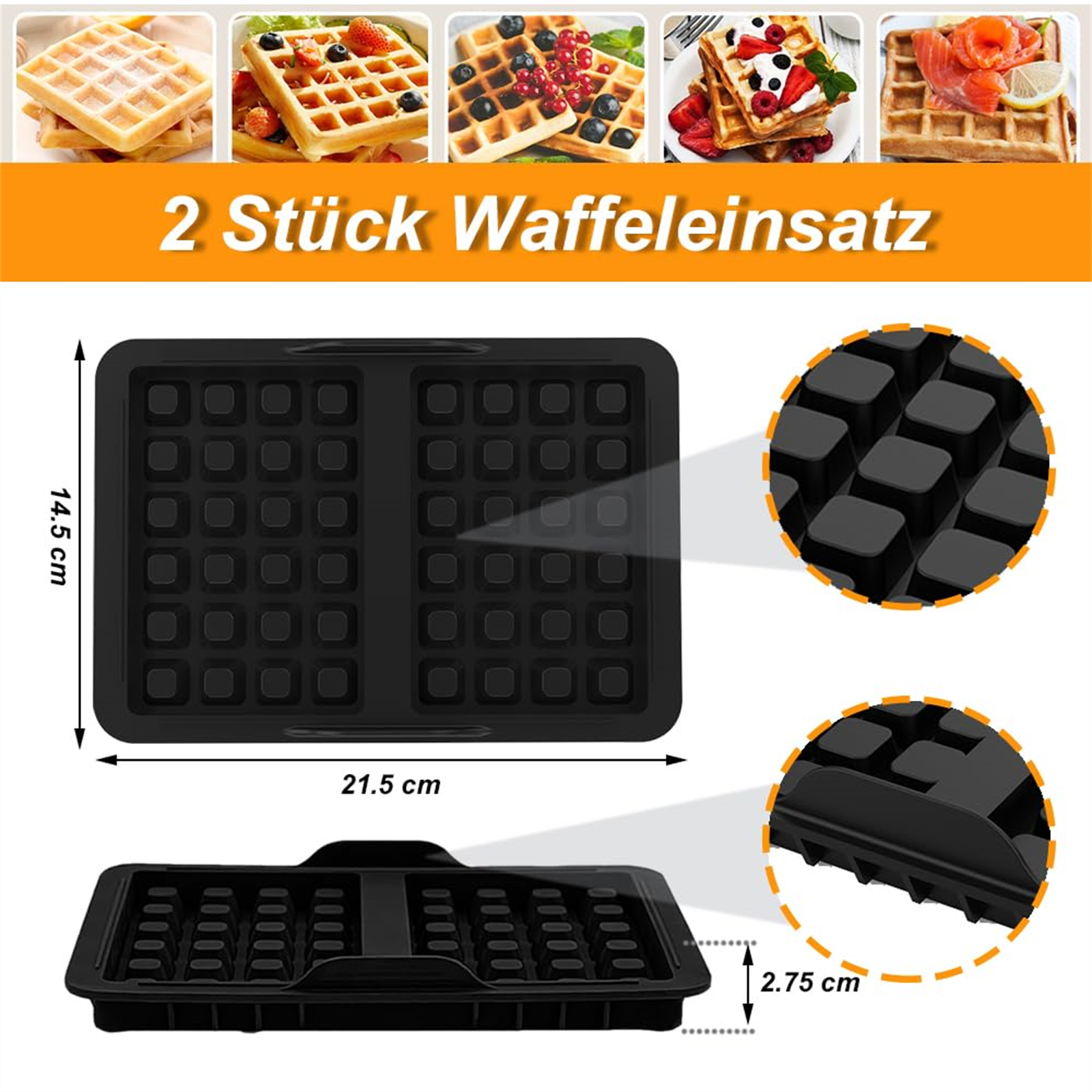 Schwarzes Waffeleisen mit Waffeleinsätzen und Fotos von verschiedenen Waffeln.