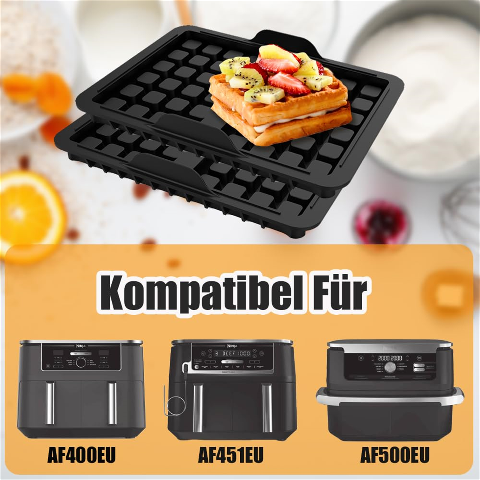 Heißluftfritteuse mit Waffeleinsätzen. Waffeln mit Obst werden gezeigt.