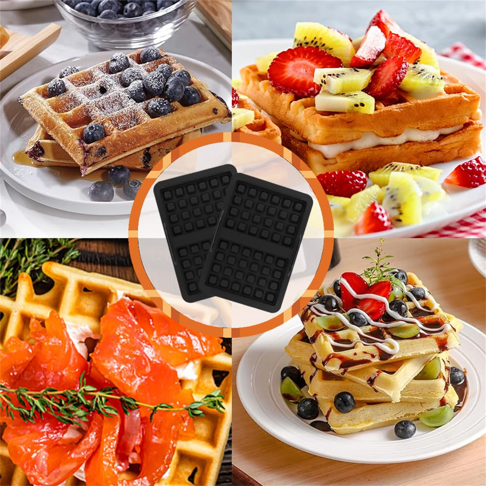 Waffeln mit verschiedenen Belägen: Blaubeeren, Erdbeeren, Kiwi und Lachs. Dunkle Waffelformen sind ebenfalls vorhanden.