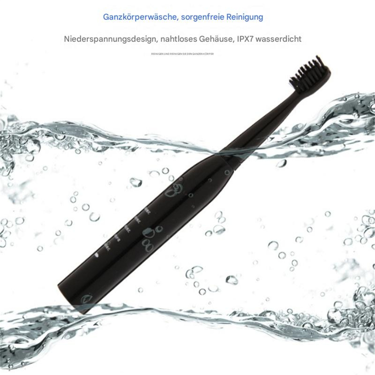Schwarze elektrische Zahnbürste im Wasser. Text: wasserdicht, Niederspannungsdesign, nahtloses Gehäuse.