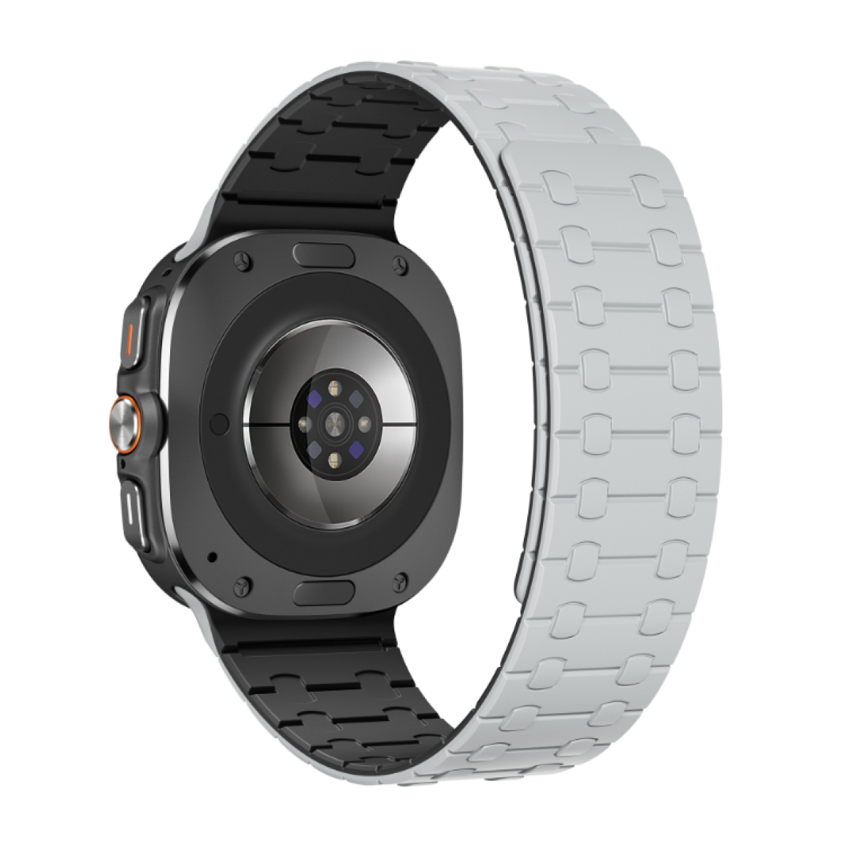 Vista posteriore di uno smartwatch con cinturino grigio chiaro, mostra il retro e i dettagli.