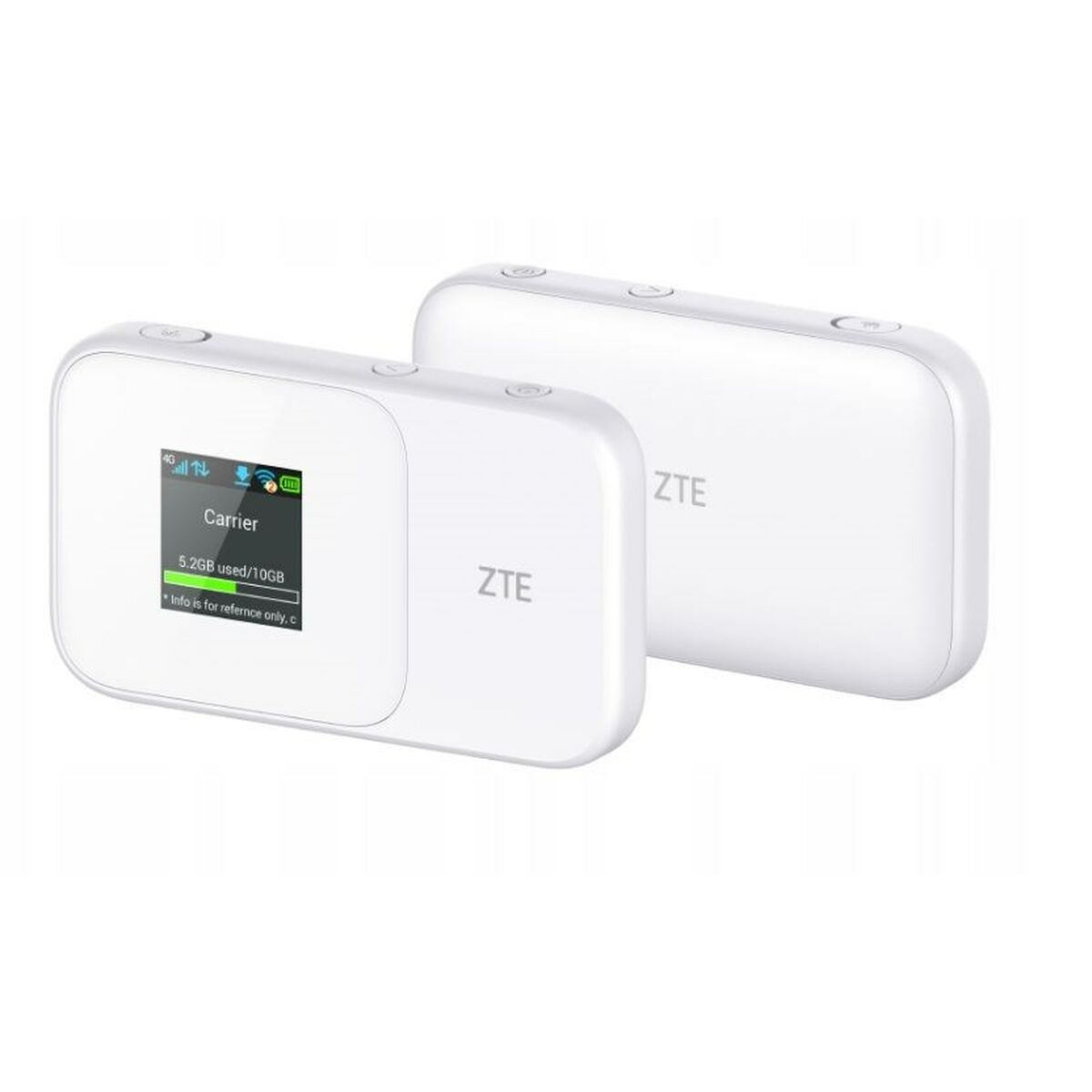 Zwei weiße tragbare Router. Einer zeigt ein Display mit Text, der andere ist leer.