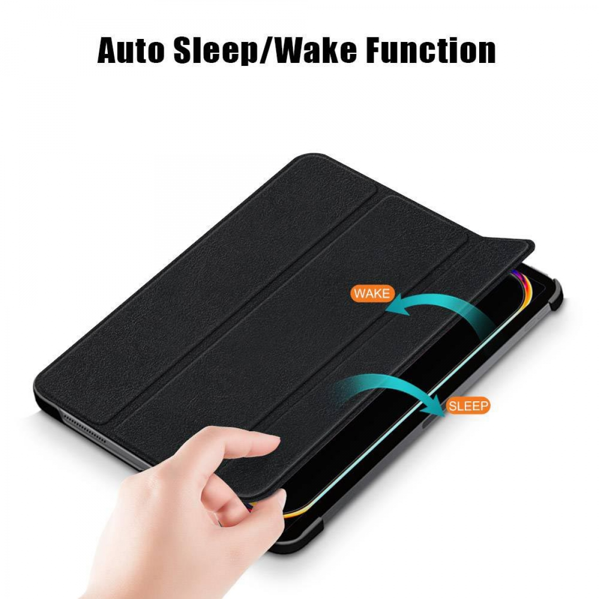 Eine schwarze Tablet-Hülle mit den Worten „Auto Sleep/Wake Function“ und Pfeilen.