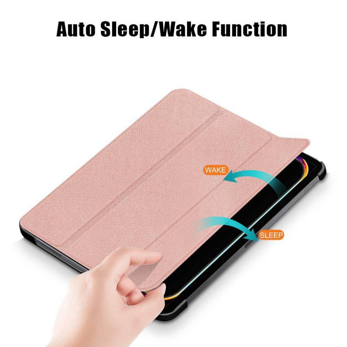 Tablet in rosa Hülle, geöffnet, um den Bildschirm zu zeigen, mit Schlaf/Weck-Funktion.