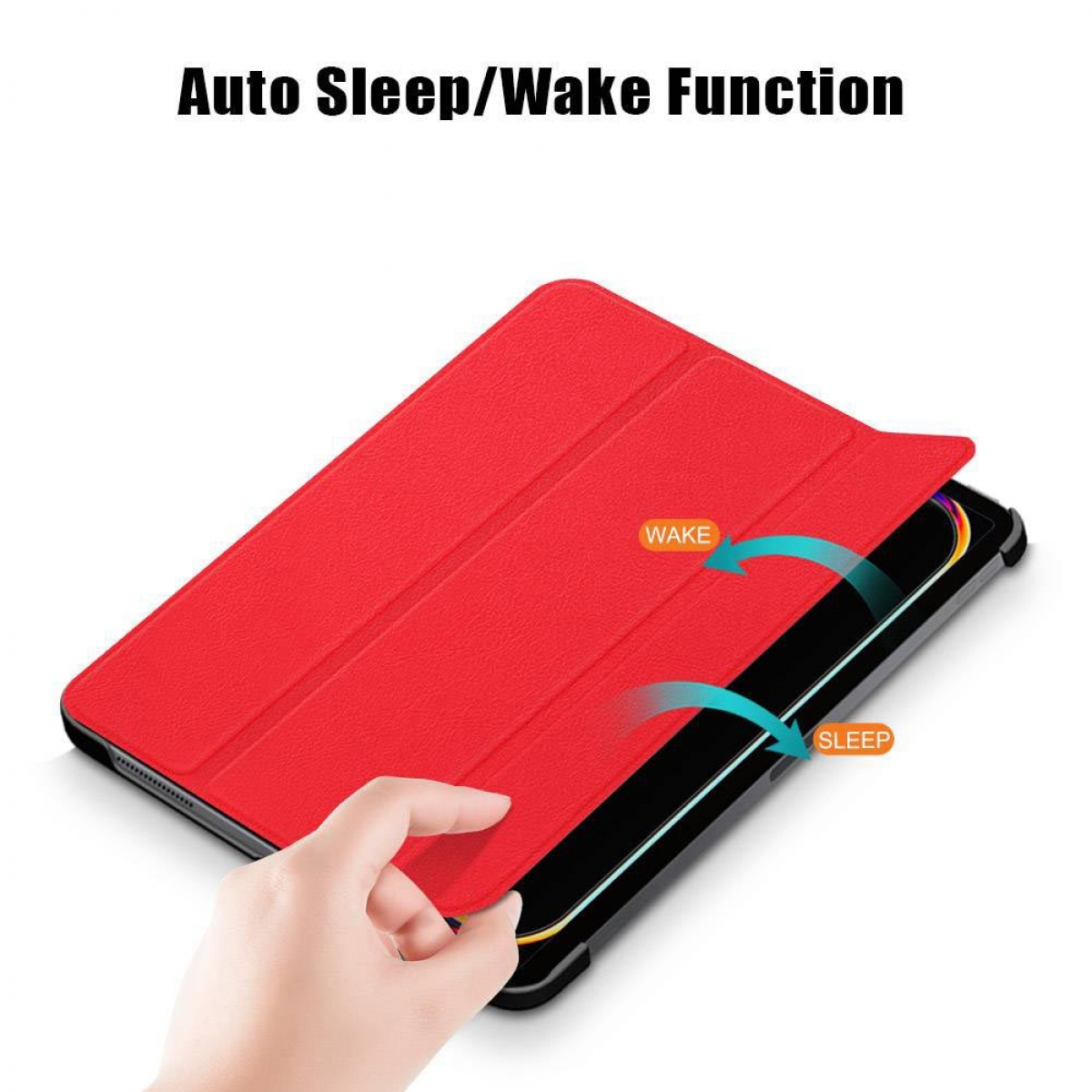 Roter Tablet-Cover, Hand öffnet es. Text: Auto Sleep/Wake-Funktion.
