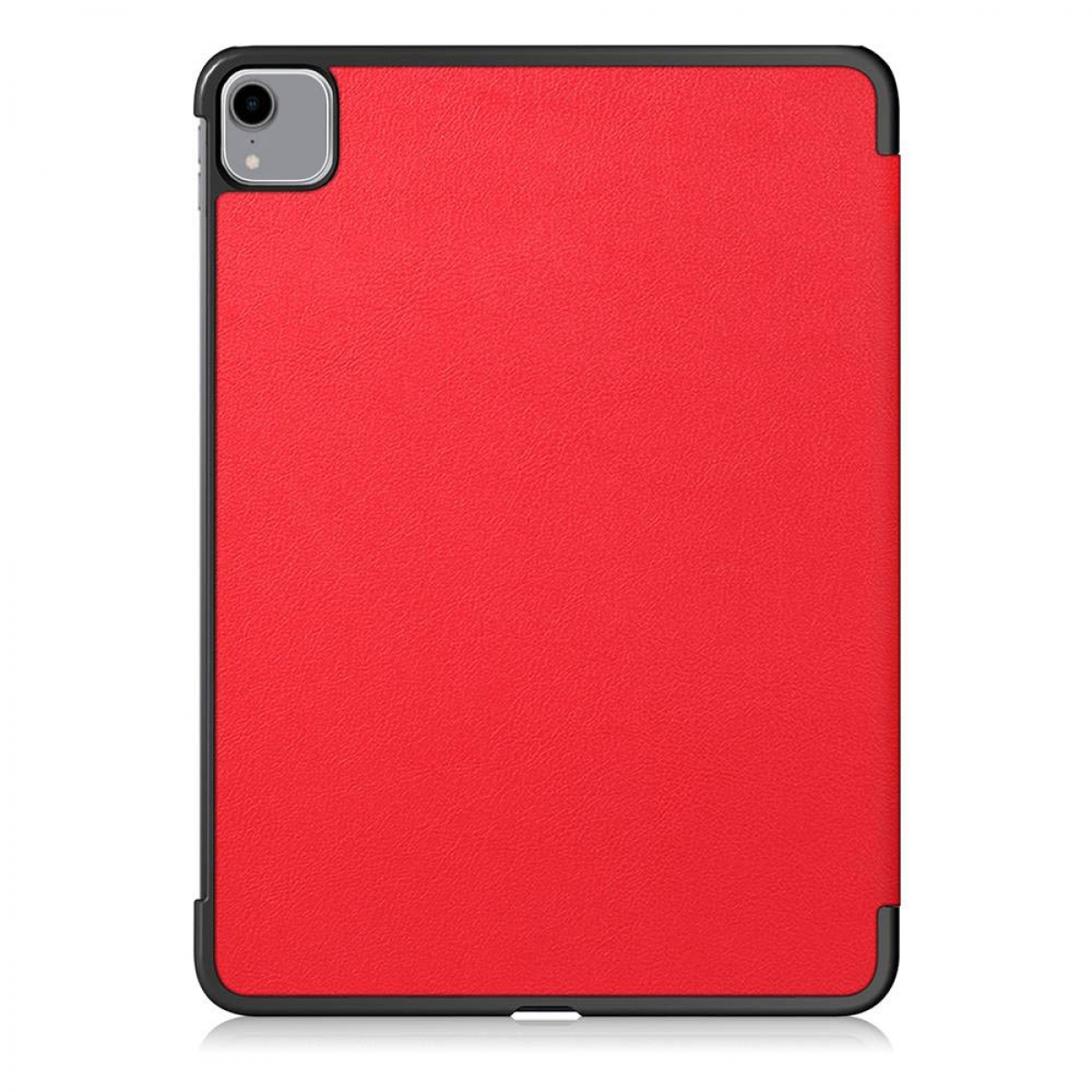 Eine rote iPad-Hülle mit schwarzem Rand, die auf einer reflektierenden Oberfläche liegt, vor weißem Hintergrund.