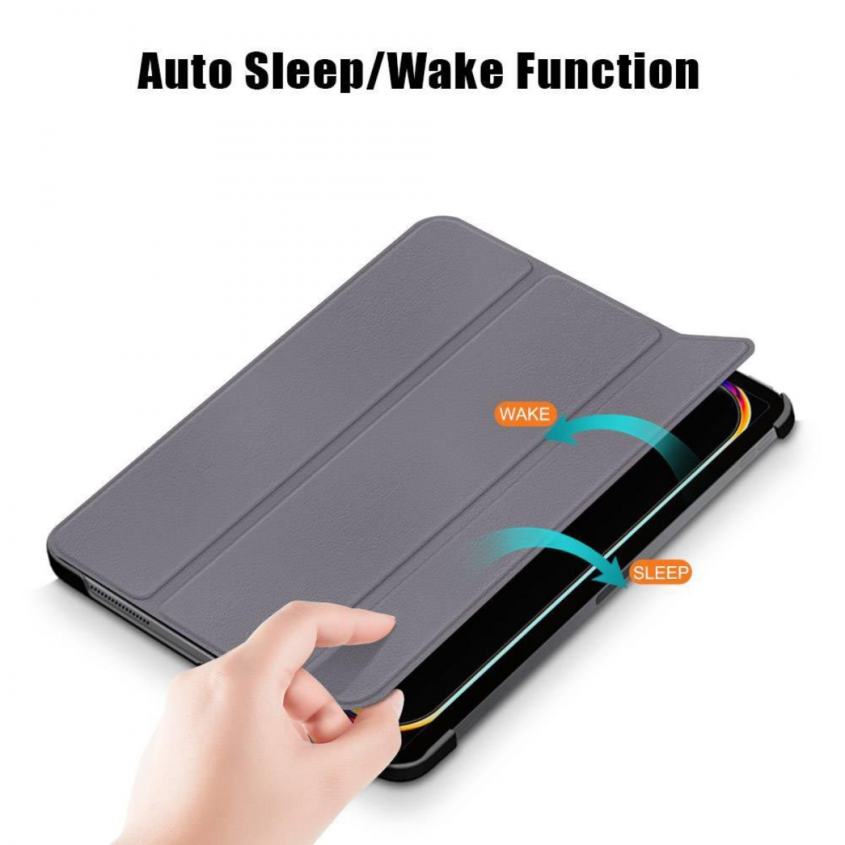 Eine Tablet-Hülle mit geöffnetem Deckel. Eine Hand zeigt auf die 'WAKE'- und 'SLEEP'-Anzeigen darauf.
