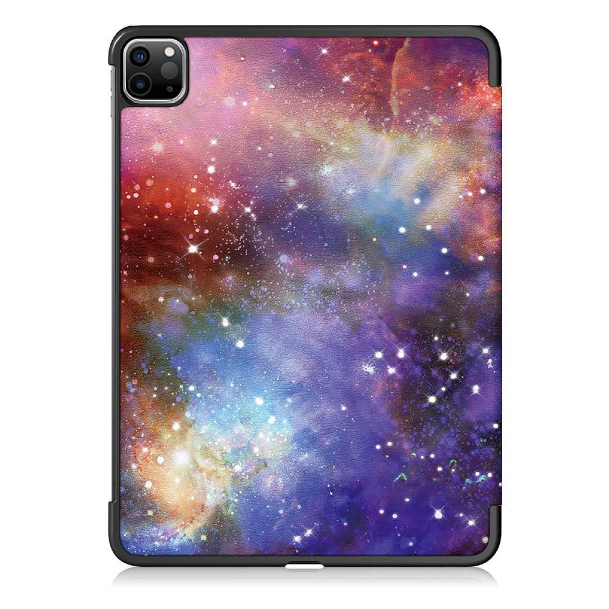 Tablethülle mit Galaxiedesign. Lila, Blau und Rot gemischt. Sterne sichtbar.