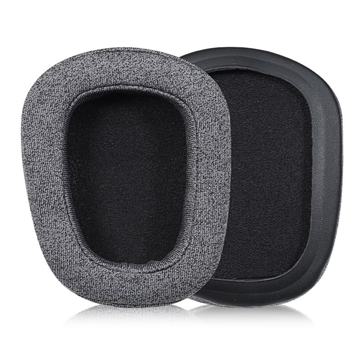 Due cuscinetti auricolari grigi. I cuscinetti sono ovali e in tessuto strutturato.