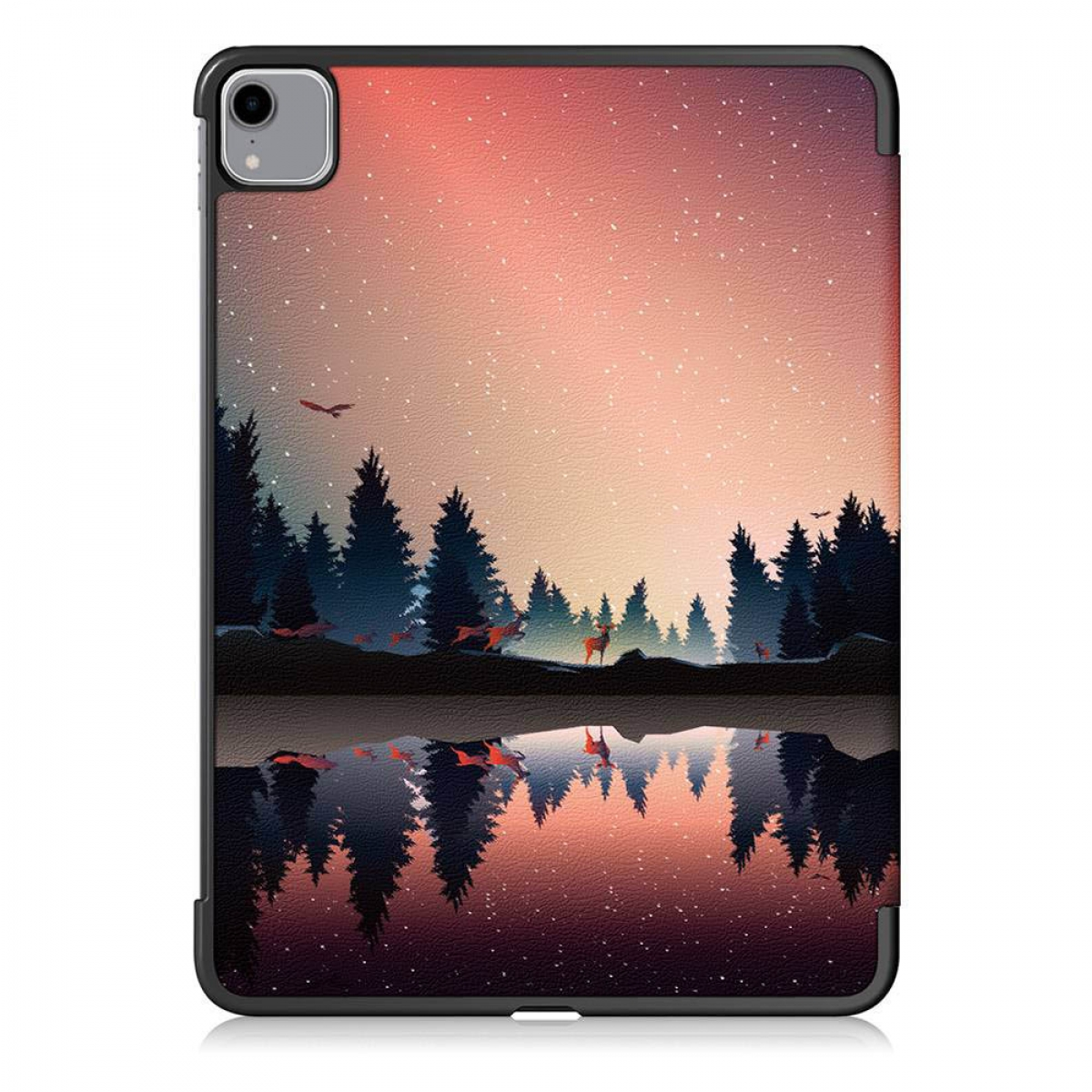Tablet-Hülle mit einer Waldszene und Sonnenuntergangsreflexion im Wasser.