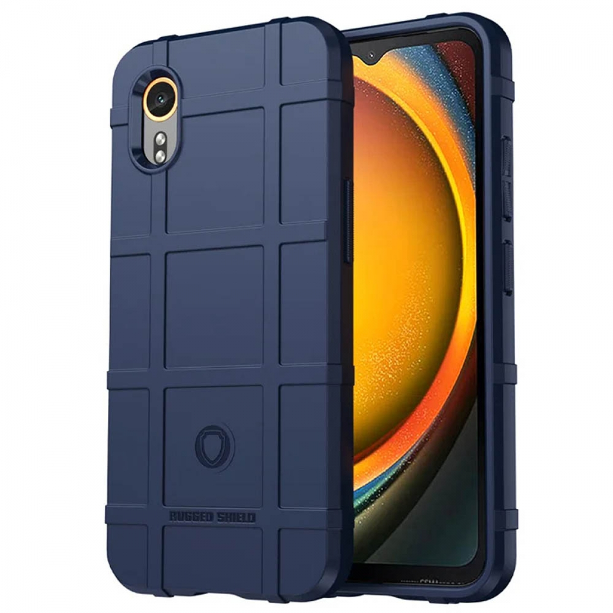 Eine blaue, robuste Handyhülle. Sie hat ein strukturiertes Design und einen Kameraausschnitt. Der Markenname ist sichtbar.