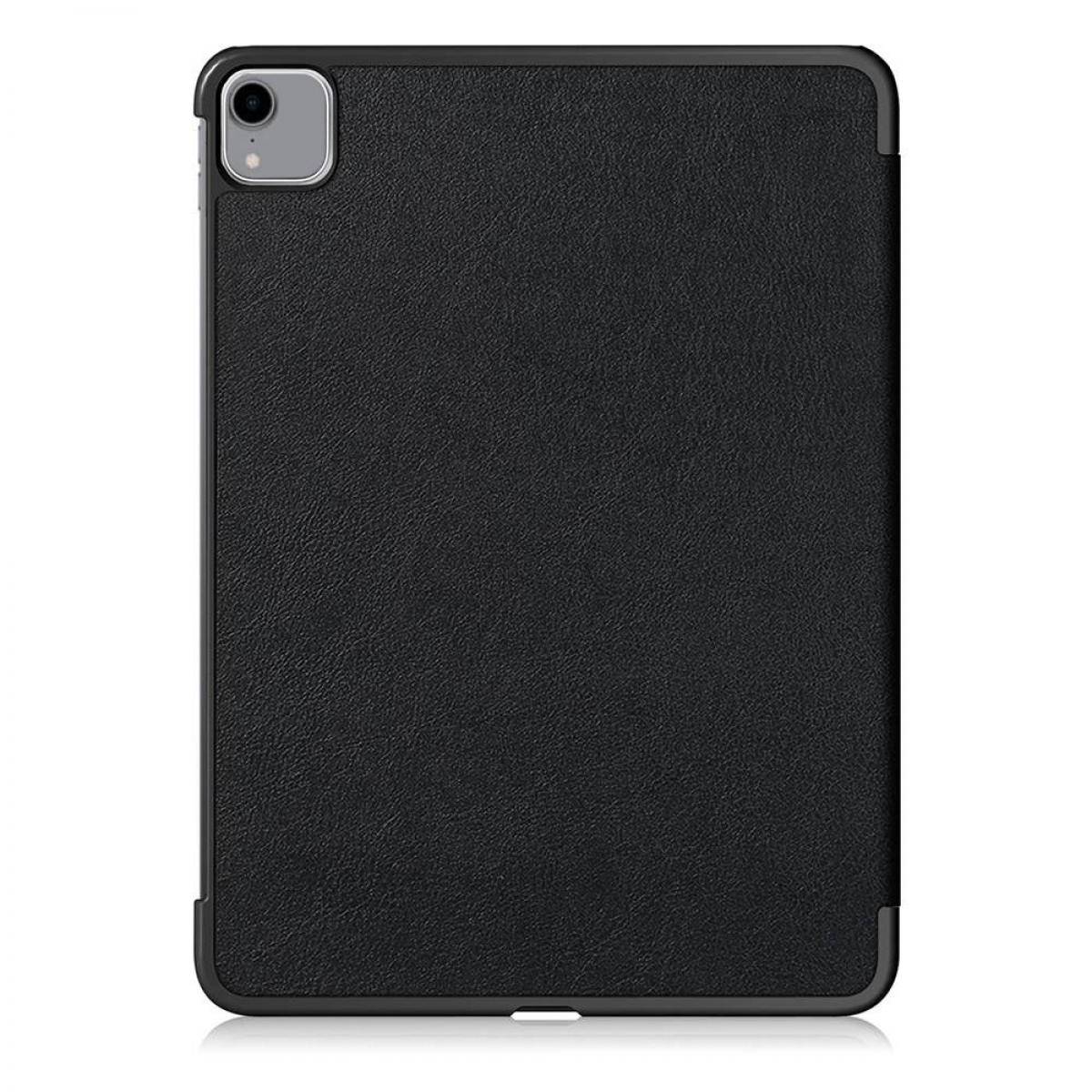 Schwarze iPad-Hülle mit Kameraaussparung. Die Hülle hat ein dunkles, strukturiertes Aussehen.