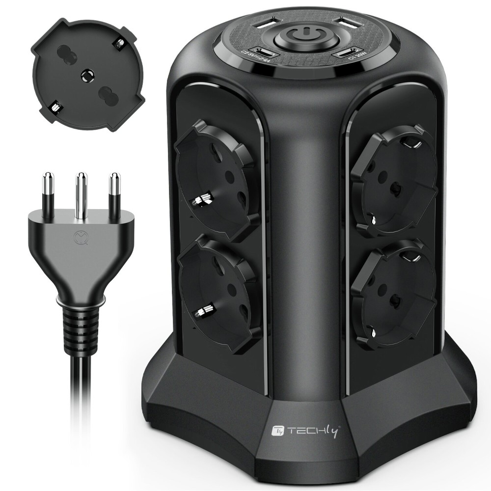 Schwarze Steckdosenleiste mit mehreren Steckdosen, einem Stecker und einem Oberteil mit USB-Anschlüssen.