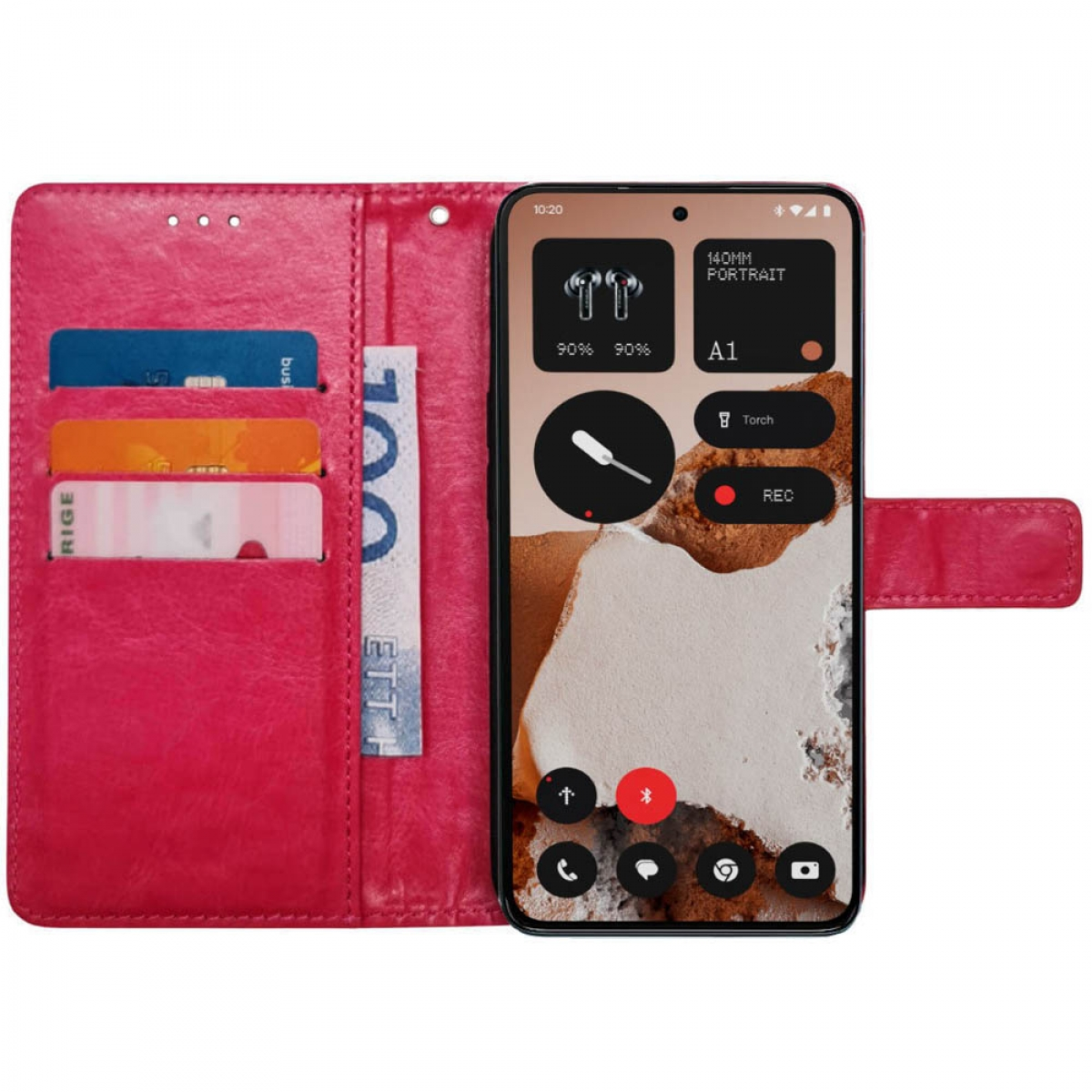 Eine pinke Handyhülle, geöffnet. Innen befinden sich Karten und Geld; das Telefon zeigt seine Oberfläche.