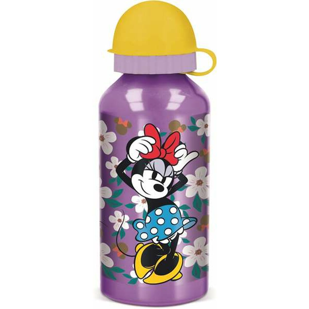 Eine lilafarbene Wasserflasche mit Minnie Mouse. Die Flasche hat einen gelben Deckel und ein weißes Blumendesign.