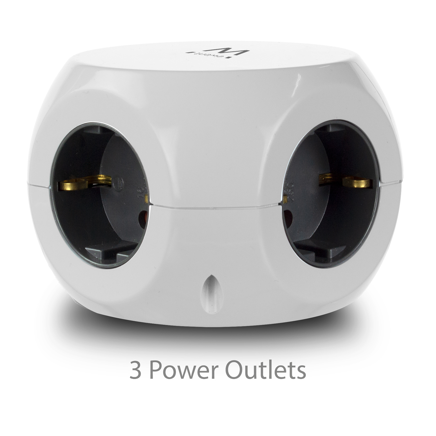 Białe gniazdo zasilania w kształcie kostki z trzema czarnymi gniazdami zasilania. Tekst '3 Power Outlets' poniżej.