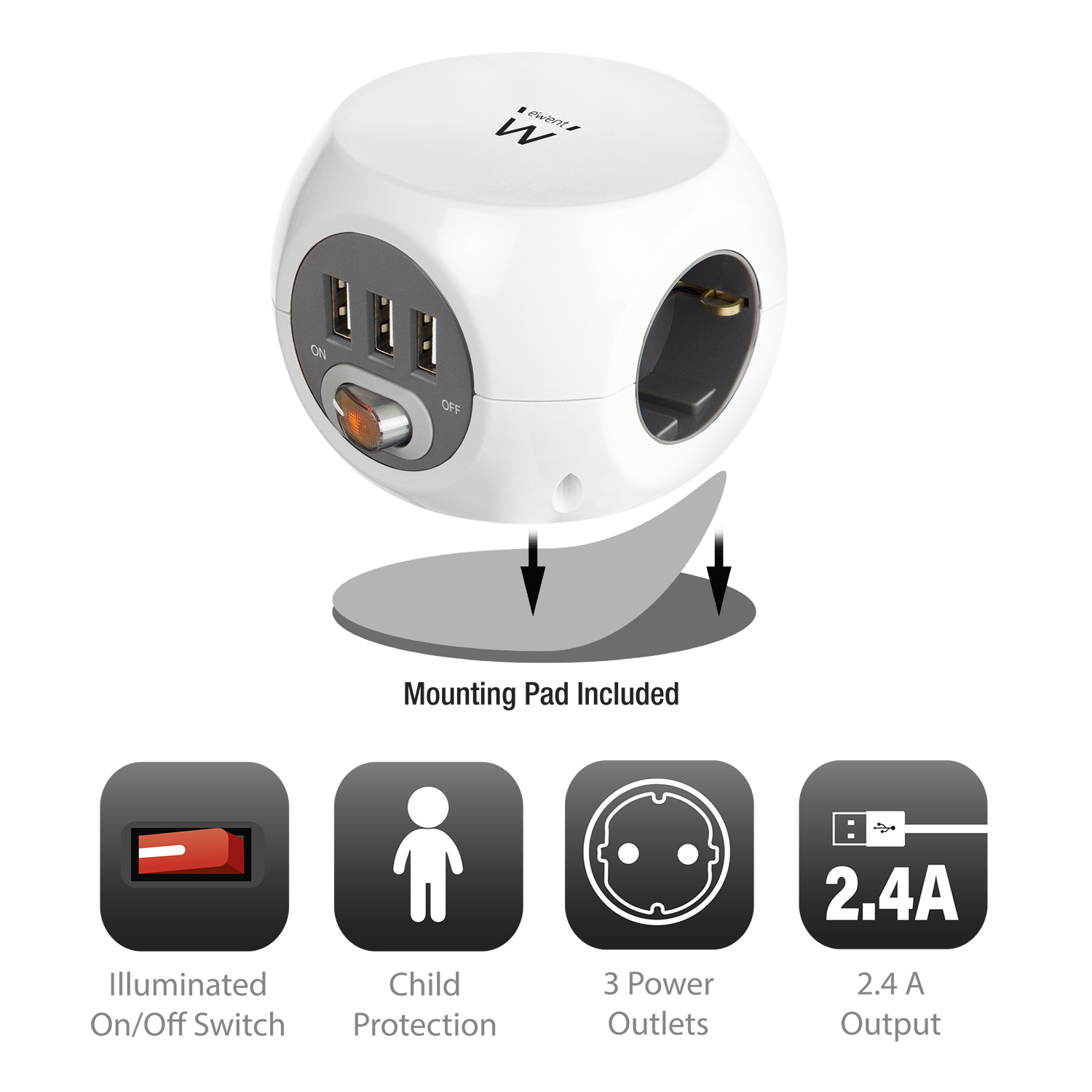 Biały, kulisty zasilacz z portami USB i gniazdami, z ikonami funkcji.